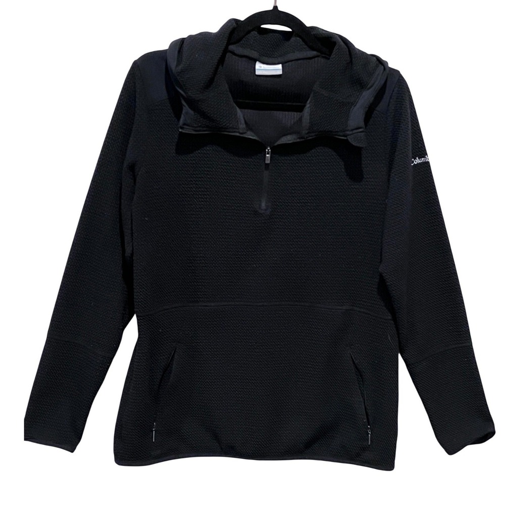 Columbia Mens Black Waffle‎ Knit Quarter Zip Hoodie Pullover Fleece Large - READ